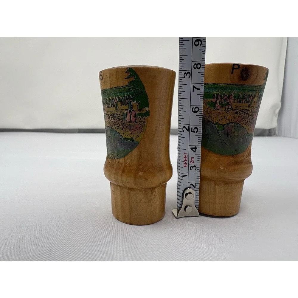 Vintage Mid Century Wooden Salt & Pepper Shakers Landscape Tourist Souvenir‎